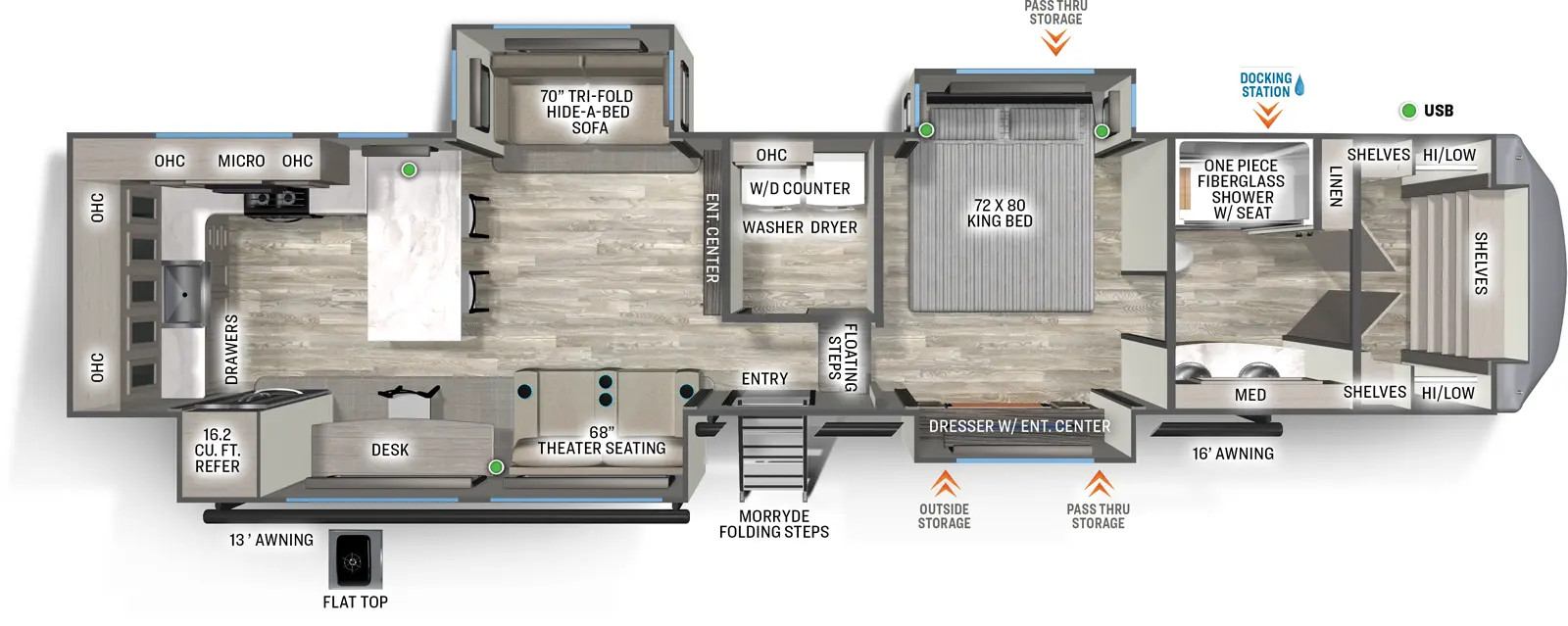 The Sandpiper Fifth Wheels 3800RK floorplan has one entry and three slide outs. Exterior features include: fiberglass exterior and 13' & 16' awning. Interiors features include: rear kitchen.